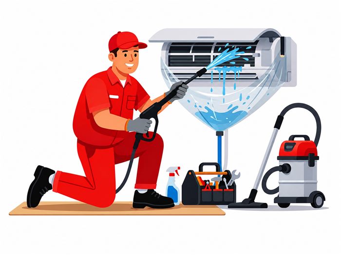 Technician pressure-washing an AC unit