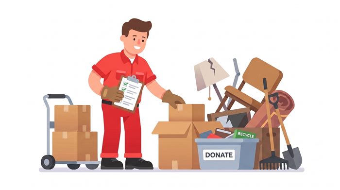 Crew member sorting boxes into donate and recycle bins