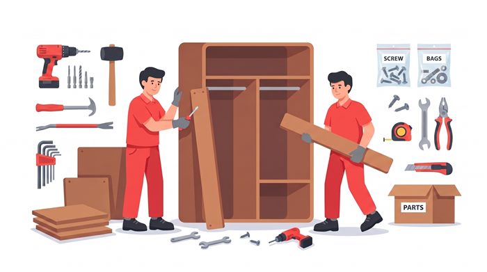 Workers disassembling a large wardrobe