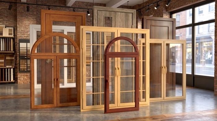 Showroom display of custom wood doors and arched windows