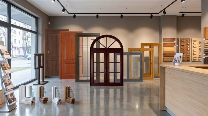 Showroom display of doors, an arched double door, and window frame samples