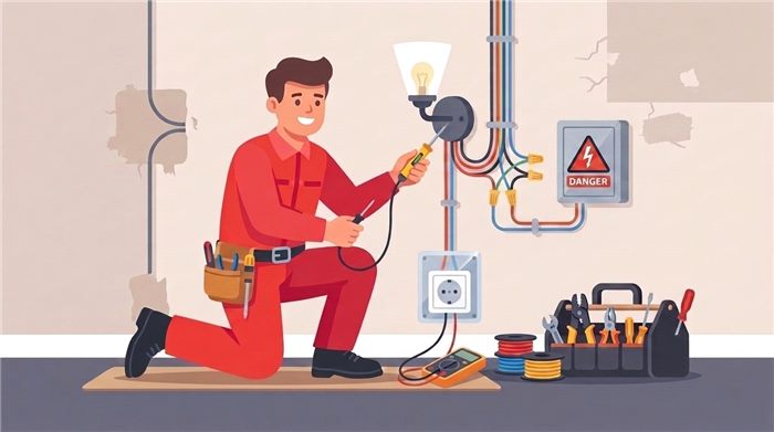 Electrician testing wiring at a light fixture and outlet with a multimeter