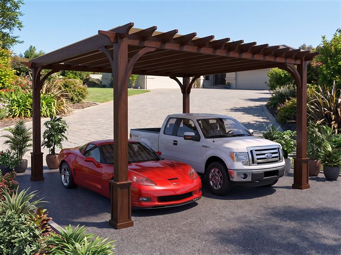 Wooden pergola-style carport shading two vehicles