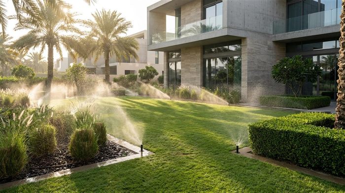 Pop-up sprinklers watering the lawn of a modern villa garden