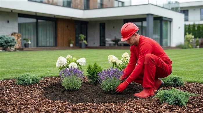 Gardener planting flowers in a mulched bed beside a modern home