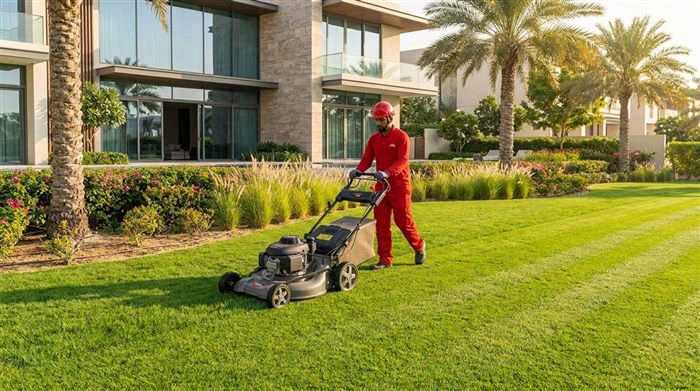 Gardener mowing a striped villa lawn lined with palm trees
