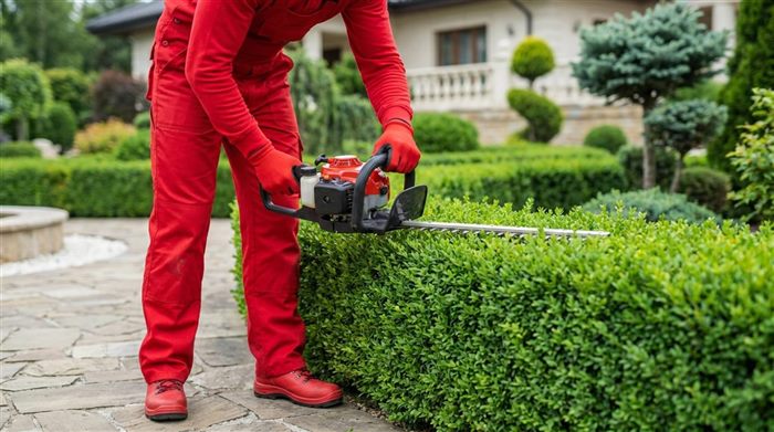 Gardener trimming a hedge with a powered hedge trimmer