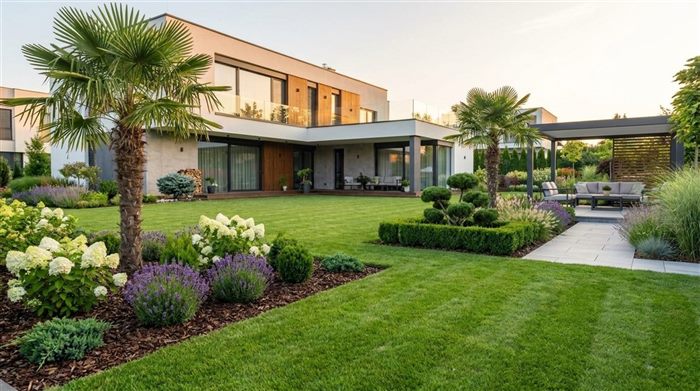 Finished villa garden with manicured lawn, palm trees and flower beds