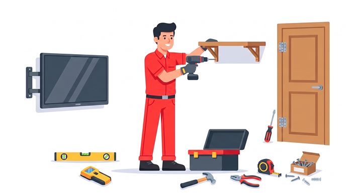 Handyman mounting a wall shelf with a drill