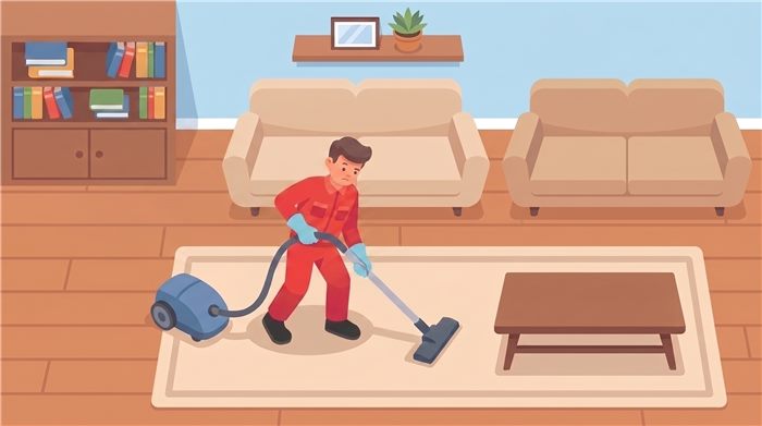 Cleaner vacuuming a rug in a living room