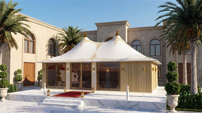 Ornate traditional Arabic majlis tent with gold detailing