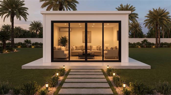 Modern sandwich panel guest annex with garden lighting