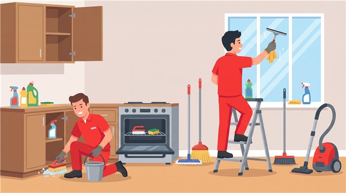 Cleaning crew scrubbing cabinets, oven, and windows in an empty home