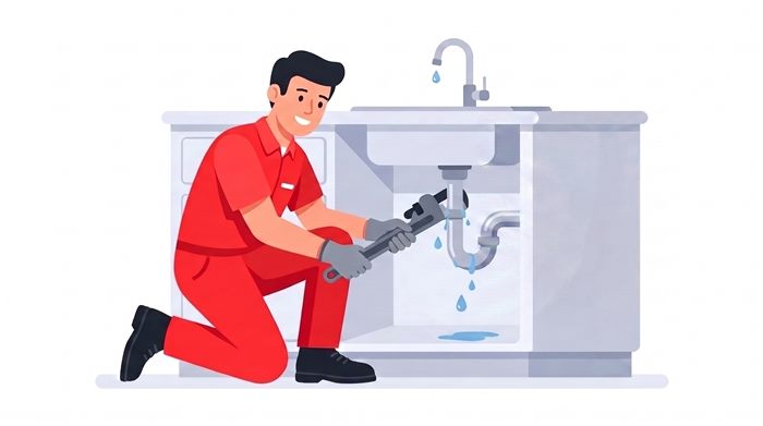 Plumber repairing a leaking pipe under a sink