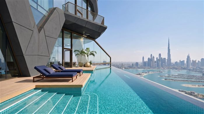 Newly built villa swimming pool with blue tiling