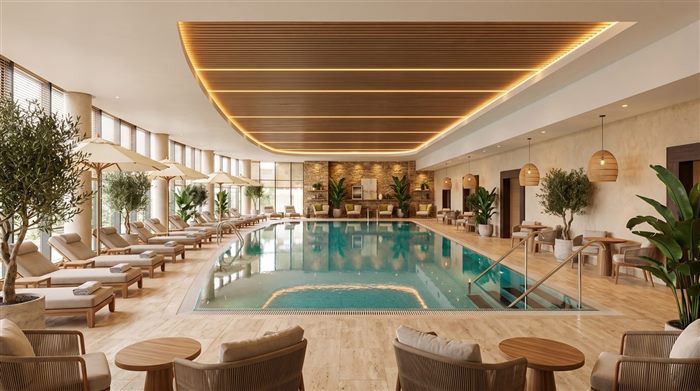 Illuminated pool with underwater lighting at dusk