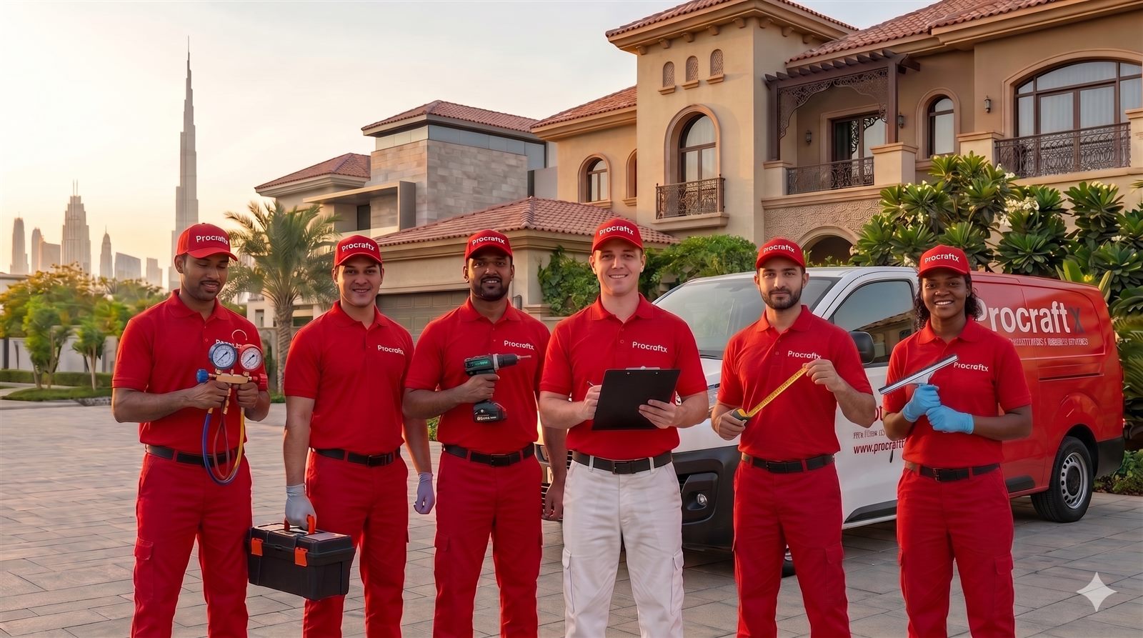 Procraftx crew standing in front of a villa with their service van