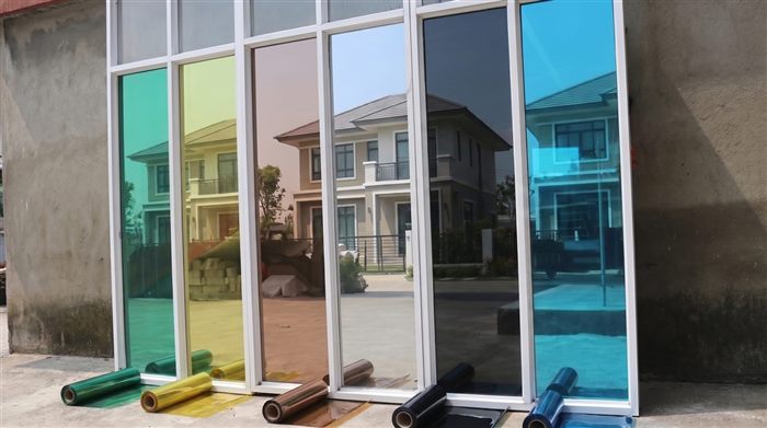 Frosted privacy film on a bathroom window