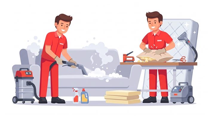 Technicians steam-cleaning a sofa and restuffing cushions
