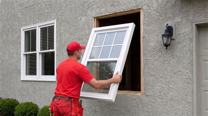 Technician installing a casement window indoors