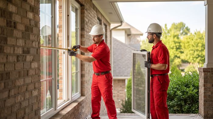 Workers measuring and installing a window on a brick house