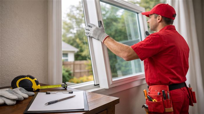 Technician installing a window from inside a home